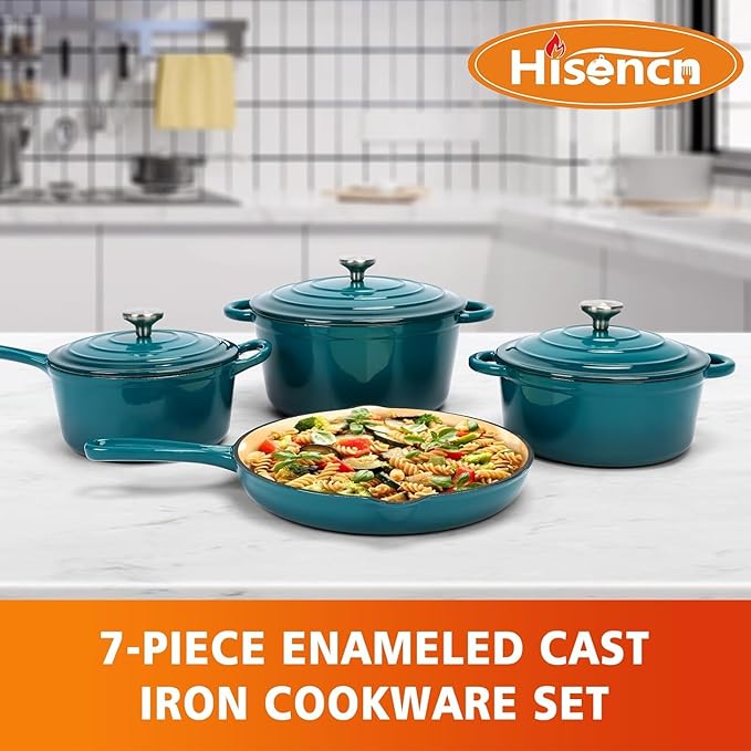 Hisencn Enameled Cast Iron Cookware Set - 7 Piece Set of Dutch Ovens, Sauce Pan, Skillet, 3 Lids, Dutch Oven Set, Ceramic Coated Cast Iron, Heavy Duty, Gas/Induction Compatible (Teal)