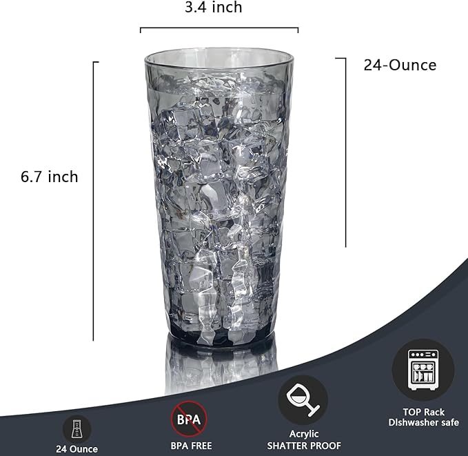 Yalin 24-Ounce Plastic Tumbler Acrylic Drinking Glasses, Reusable Plastic Cups, Stackable, BPA-Free, Shatter Proof, Dishwasher Safe, Set of 8 (Gray)