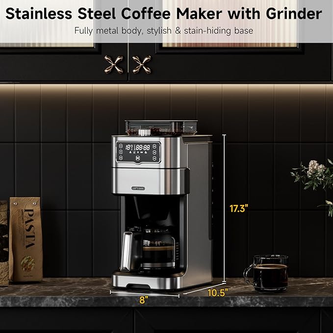 Drip Coffee Maker with Built-in Grinder, 10-Cup Coffee Machine with 24-Hour Delay Timer, Touch Screen, Self-Cleaning, Reusable Filter, 1.5L Removable Water Tank, Warming Plate, Silver