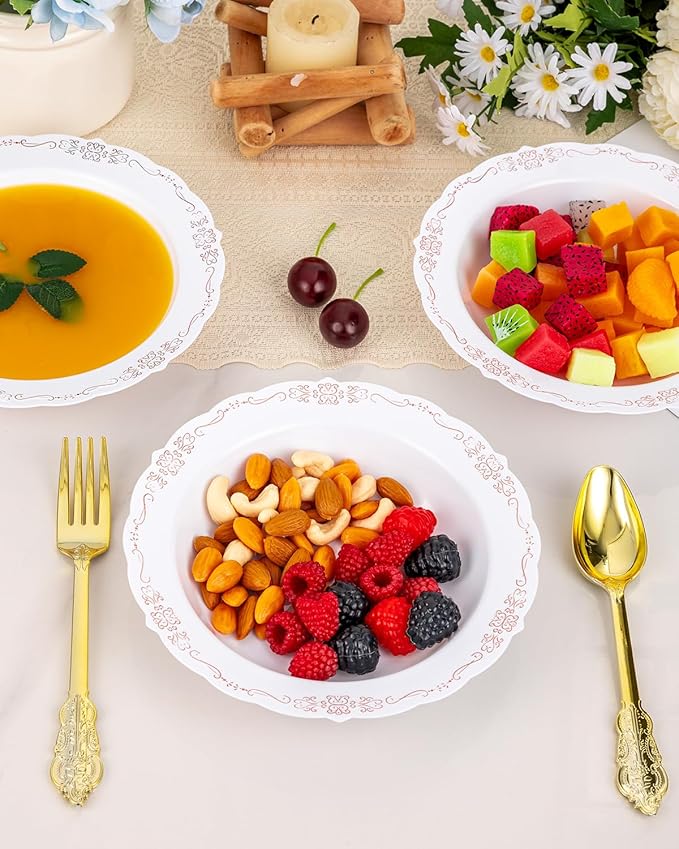 50 Pack White Plastic Bowls with Rose Gold Rim, 12oz Plastic Dessert Bowl, Bowls Disposable Heavy Duty for Hot Soup, Dessert, Salad, Cake, Ice Cream, Fruit