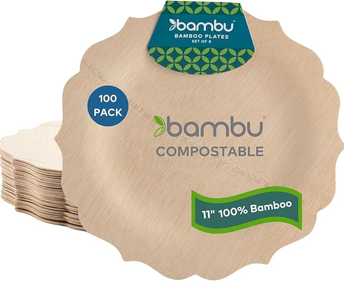 Bambu Pack of 100-11 Inch Disposable Bamboo Plates Fancy, Biodegradable Eco Friendly Products, Bamboo Disposable Plates for Party, Weddings, and Events, Great For Any Occasion - Bulk Case