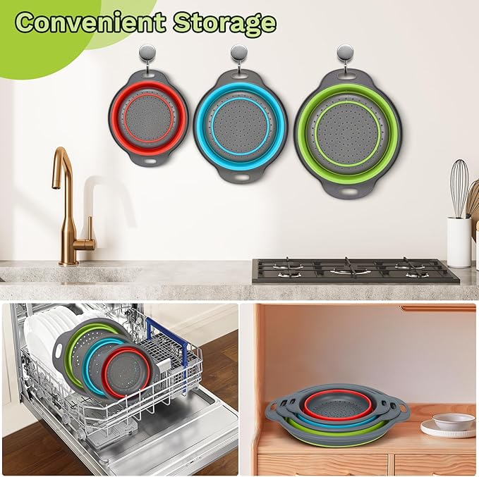 Collapsible Silicone Colander Set 3-Piece - Space-Saving Kitchen Strainer for Pasta & Spaghetti, Fruit & Veggies, Dishwasher Safe, Multi-Color Sizes for Camping, RV & Small Kitchens