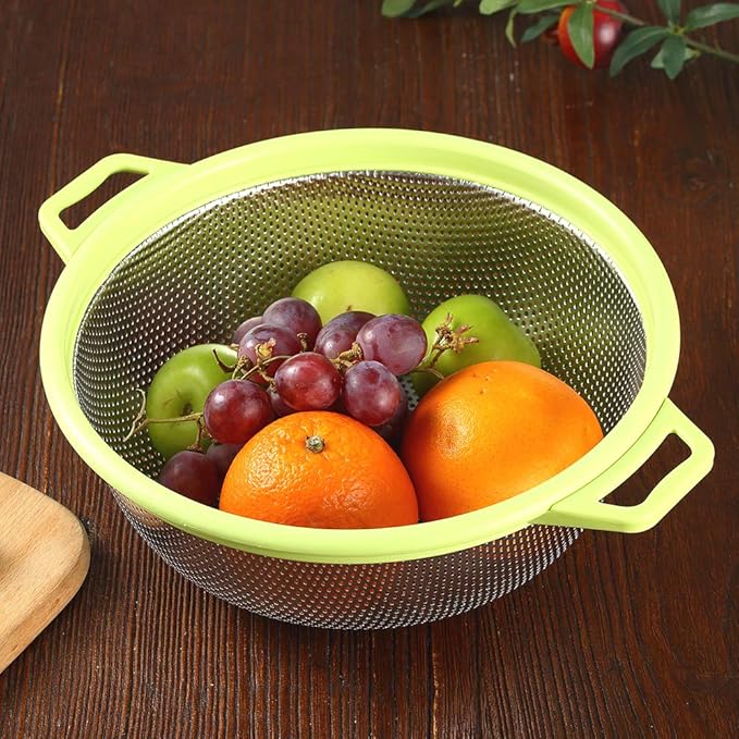 Stainless Steel Colander With Handle and Legs, Large Metal Green Strainer for Pasta, Spaghetti, Berry, Veggies, Fruits, Noodles, Salads, 5-quart 10.5” Kitchen Mesh Colander, Dishwasher Safe