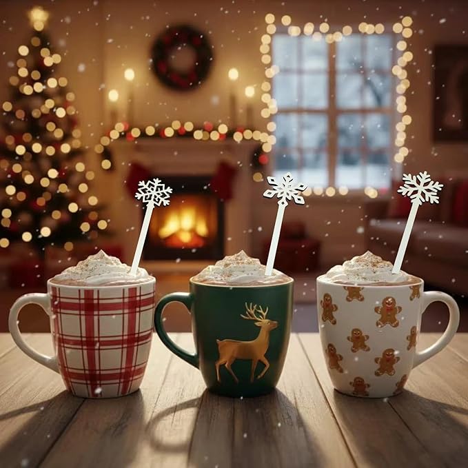 60 Pcs Snowflake Drink Stirrers Bulk, 5.9 Inch Wooden Cocktail Picks with 3 Unique Snowflake Designs, Bamboo Toothpicks for Appetizers, Coffee Bar, Beverages, Winter Christmas Party Supplies
