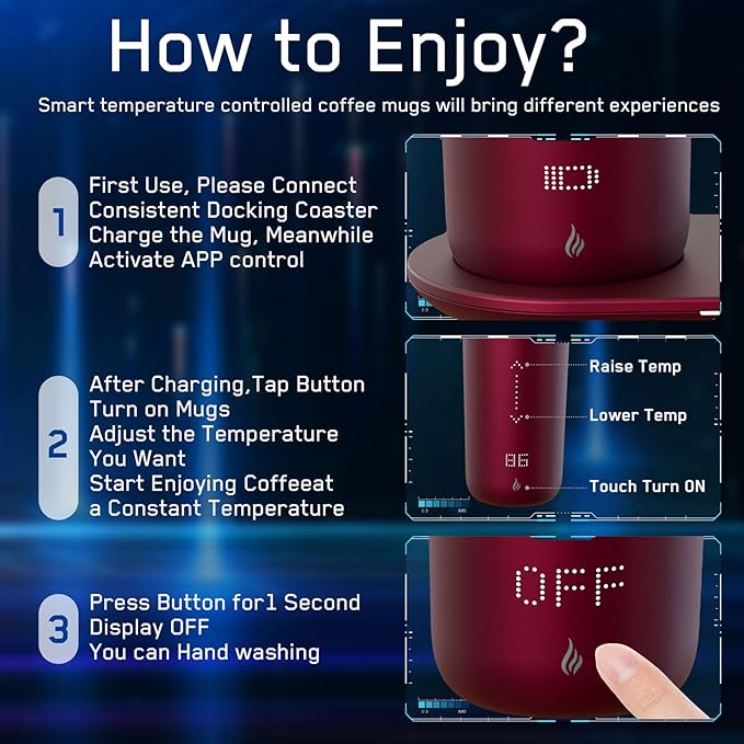 Temperature Control Heated Coffee Mug Smart Self Heating Travel Mug 12 Oz App Controlled Warmer Mug 4-10 Hour LED Display Keep Coffee Hot All Day Fast Wireless Charger Base Rogue red
