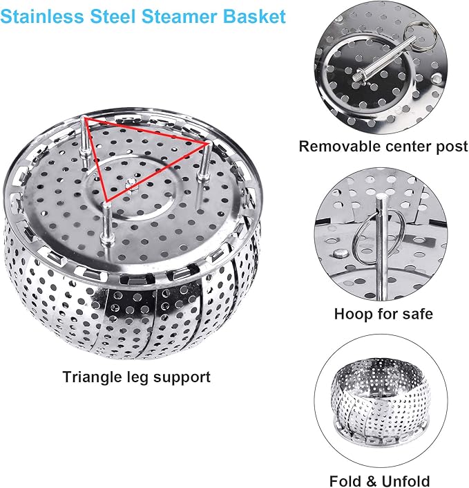 Veggie Vegetable Steamer Basket, Folding Steaming Basket, Metal Collapsible Stainless Steel Steamer Basket Insert for Cooking Food, Expandable Fit Various Size Pot(5.9" to 9.8") YLYL