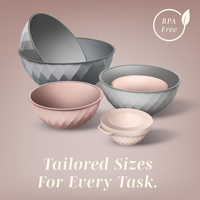 COOK WITH COLOR Mixing Bowls with Lids - 12 Piece Plastic Nesting Bowls Set includes 6 Prep Bowls and 6 Lids, Diamond Design - Microwave Safe (Mint)