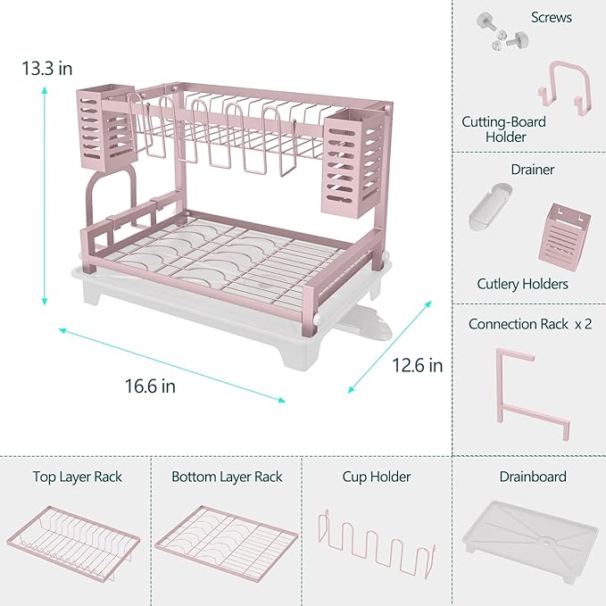 B-Land Dish Drying Rack, 2 Tier Dish Racks for Kitchen Counter, Large Dish Drying Rack with Drainboard & Utensil Holders, Rust-Proof Dish Drainers,Kitchen Organization