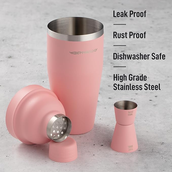 Mixology & Craft Matte Pink Bartender Kit – Cocktail Shaker and Jigger Set, 24oz Drink Mixer with Cap – Home Bar Tools for Mixing Cocktails, Martini, Margarita – Sleek Gift for Men & Women