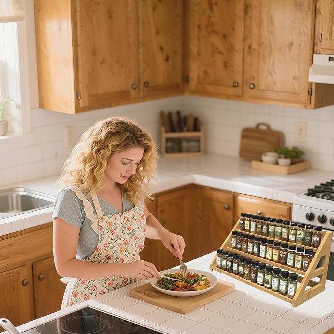 Bamboo Spice Rack: Large Spice Shelf for Kitchen Countertop Pantry Cabinet Organizer, Holds 24 Spice Jars (1.8")