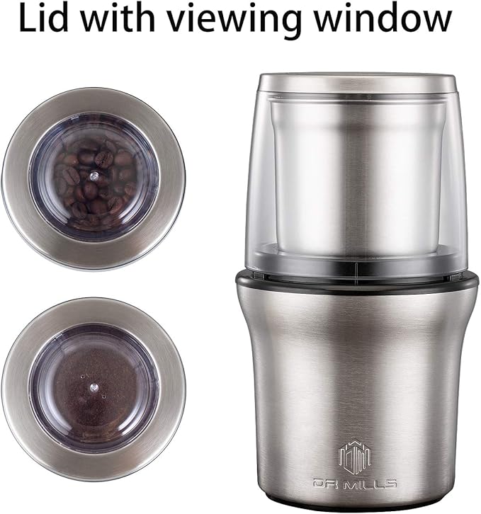 DR MILLS DM-7412M Stainless Steel Electric Dried Spice and Coffee Grinder,2 in 1 Wet and Dry, Removable Cups, Dishwasher Safe