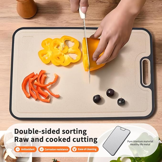 Titanium Cutting Board for Kitchen，100% Double Sided Solid Pure Titanium Cutting Board with Juice Groove &Wheat Straw PP Chopping Board Food Grade (Medium (15''×11‘’ Inche))