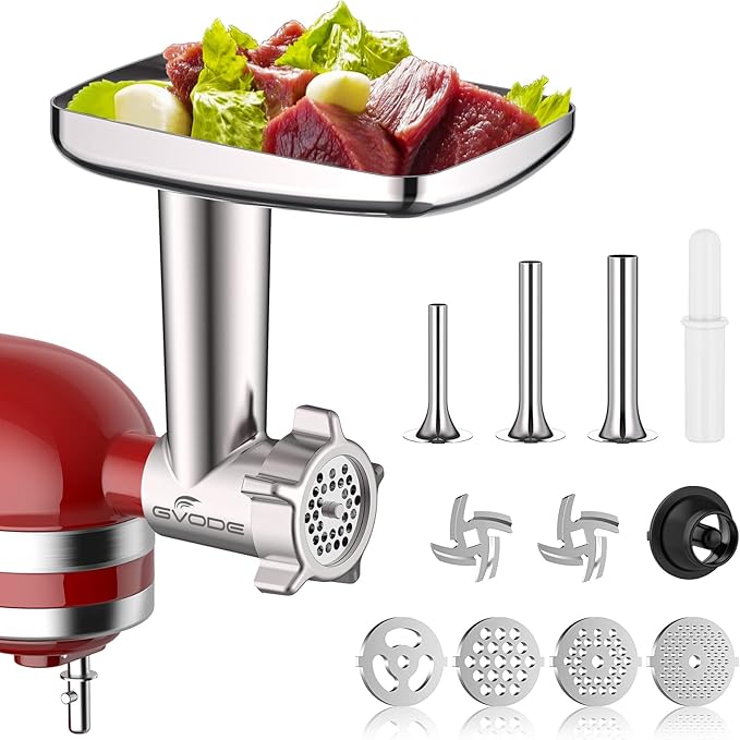Metal Food Grinder Attachment for KitchenAid Stand Mixers, Meat Grinder for Kitchen Aid Included 3 Sausage Stuffer Tubes, 4 Grinding Plates, 2 Grinding Blades, Kubbe Meat Processor Accessories
