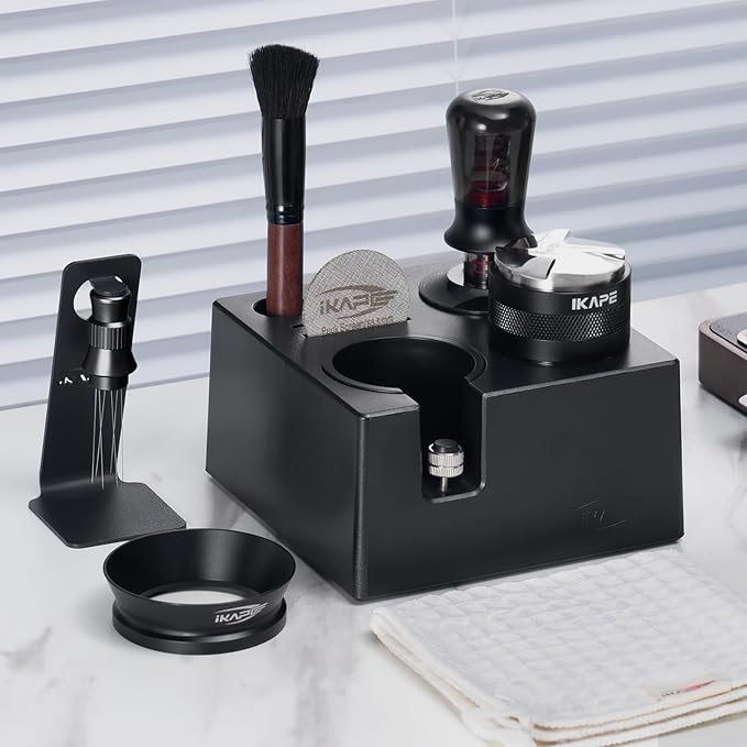 IKAPE 53MM Black Espresso Tool Set 8 IN 1, Coffee Tamper, Distributor, Magnetic Funnel, Puck Screen, Tamper Station, Stirrer Distribution Tool, Cleaning Towel and Brush