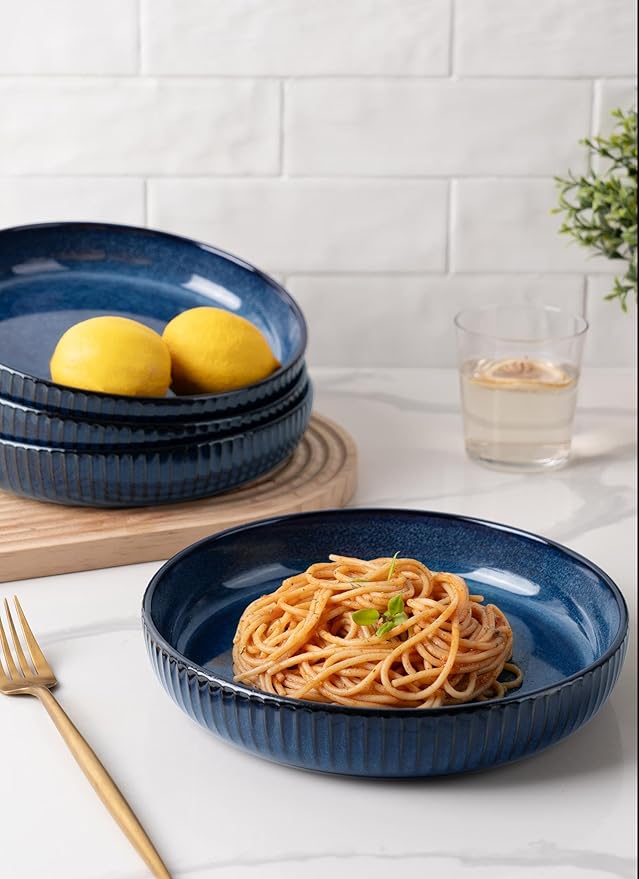 famiware Starlight Large pasta bowls set of 4, Serving Bowls for Pasta, Salad, Dinner, Oatmeal. Microwave Safe-36 oz, 8.46 inch, Blue