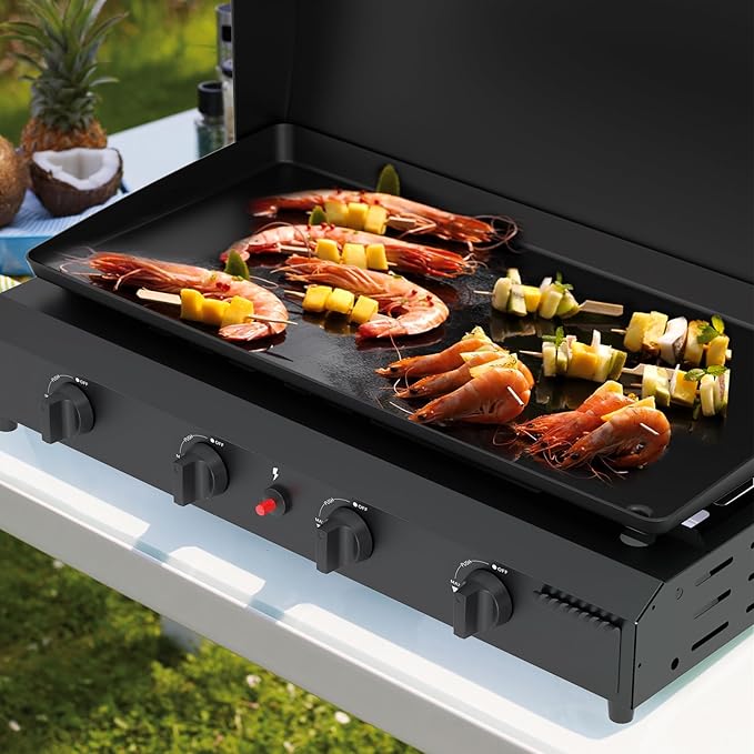 4 Burner BBQ Gas Griddle with Hood, 30 Inch Stainless Steel Portable Detachable Propane Griddle, 60,000 BTU Flat Top Grill with Lid for Camping, Silver