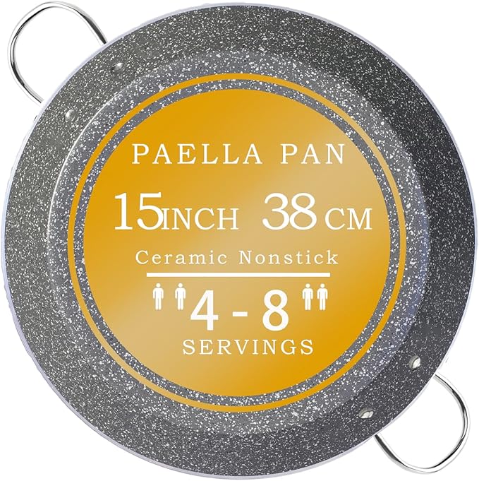 ACTIV CUISINE 15 Inch Paella Pan for 4-8 Servings – Ceramic Nonstick Coating, Easy to Clean – Compatible with Induction & Gas Burners – Lightweight Aluminum, Perfect for Indoor & Outdoor Cooking