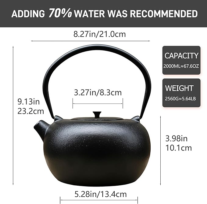 67.6oz Cast Iron Teapot for Stovetop Safe, Black Japanese Tetsubin, 2000ml Tea Kettle with Stainless Steel Infuser for Loose Leaf, Tea Pot Coated with Enameled Interior
