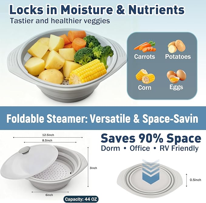 44oz Gray Silicone Steamer Microwave, Collapsible Vegetable Steamer Microwave with Magnetic Lid, Space-Saving Design, Dishwasher Safe Silicone Bowl for Cooking Veggies, Dumplings, Healthy Cooking