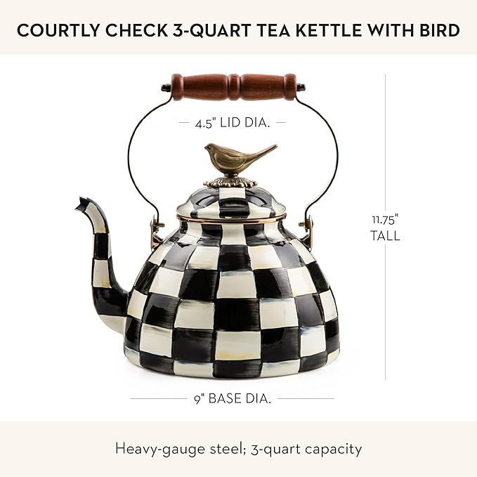 MACKENZIE-CHILDS Enamel Tea Kettle, Cute Kitchen Kettle for Stovetop, 3-Quart Capacity, Black-and-White Courtly Check with Bird Topper