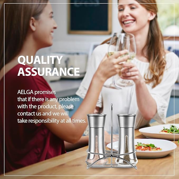 Aelga Salt and Pepper Shakers with Holder, Salt Shaker for the Kitchen with Adjustable Pour Holes for Himalayan, Kosher, and Sea Salts