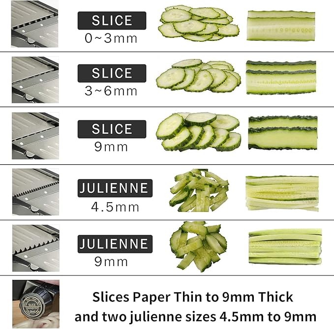 Mandoline Slicer, Adjustable Mandoline Slicer for Kitchen, Stainless Steel Mandolin Vegetable Chopper for Potato, Julienne Cutter with Cut-Resistant Gloves, Black