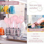 P&P CHEF Silicone Cooking Utensils Set of 7, Heat-proof Kitchen Utensils Set for Nonstick Cookware, Non-stick Spatula, Slotted Turner, Soup Ladle, Pasta Server, Spoon for Cooking Serving - Pink