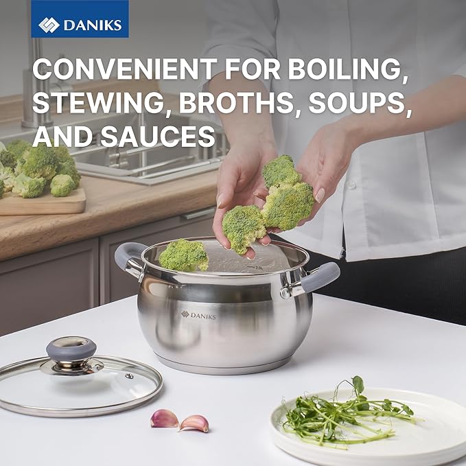 Daniks Modern 2 Quart Stainless Steel Stock Pot with Glass Lid, Tri-Ply Bottom for Even Heating, Induction Compatible, Dishwasher Safe, Heatproof Handles