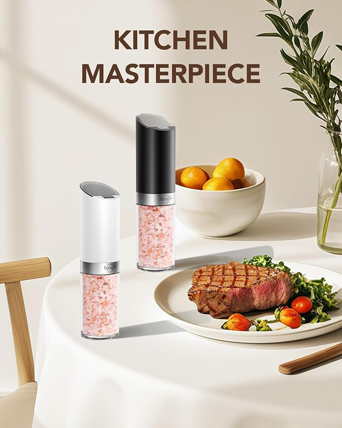 Sangcon Gravity Electric Salt and Pepper Grinder Set with Dust Cover, XL CAPACITY, Battery Operated(4 AAA), Adjustable Coarseness, One Hand Automatic Salt and Pepper Shakers Set Mill with LED Light