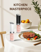 Sangcon Gravity Electric Salt and Pepper Grinder Set with Dust Cover, XL CAPACITY, Battery Operated(4 AAA), Adjustable Coarseness, One Hand Automatic Salt and Pepper Shakers Set Mill with LED Light