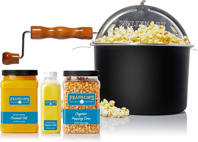 Franklin's Gourmet Popcorn - Movie Night Bundles - Whirley Popper, 28 oz. Organic Popcorn Kernels, 19 oz. Butter Flavored Salt, 30 oz. Butter Flavored Coconut Oil