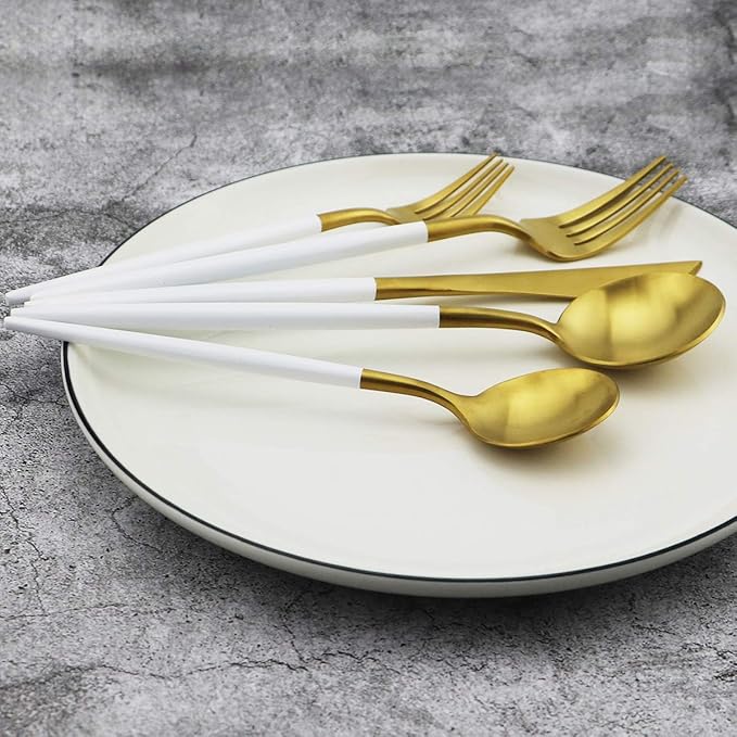 White Handle Matte Gold Silverware Set,Gugrida 5-Piece 18/10 Stainless Steel Satin Finish Flatware Set,Kitchen Utensil Set,Tableware Travel Cutlery Set for Camping Office Lunch, Dishwasher Safe
