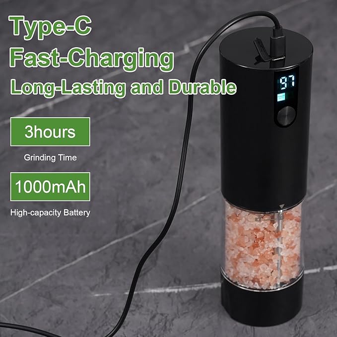 Fresh World 2Pack Electric Salt and Pepper Grinder Set Rechargeable with LED Light, Adjustable Coarseness Large Capacity Automatic Salt Pepper Mill Grinder for Kitchen, Restaurant, Outdoor, Black