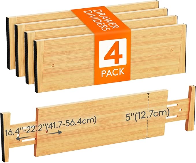 Lifewit 4 Pack Drawer Dividers Bamboo 5" High, 16-22" Adjustable Clothes Drawer Organizers, Expandable Dresser Separators in Bedroom/Bathroom/Kitchen/Office Organization and Storage