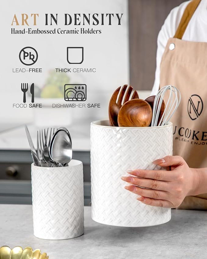 Utensil Holder - 7.2"+5.4" Ceramic Utensil Holder for Kitchen Counter, Large Utensil Crock Flatware Organizer Spatula Holder for Counter, Farmhouse Embossed Vase for Housewarming, Home & Kitchen Decor