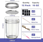 Wide Mouth Mason Jars 16 oz with Lids, Glass Jars with Airtight Lids and Band, Safe for Canning, Food Storage, Pickling, Overnight Oats Container, Pint Size (Pack of 12)