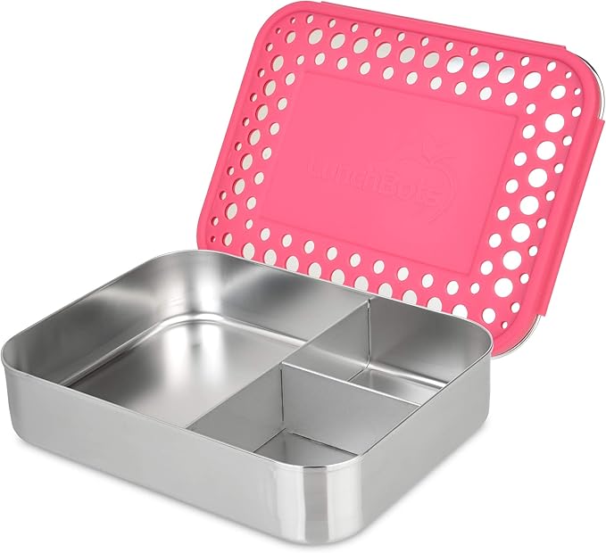 LunchBots Large Trio Stainless Steel Lunch Container -Three Section Design for Sandwich and Two Sides - Metal Bento Lunch Box - Eco-Friendly - Stainless Lid - Pink Dots