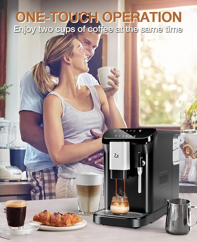 PeakPursuit Super-Automatic Espresso Machine, Grinder and Milk Frother, 20 Bar Pressure, Touchscreen Coffee Maker, 1.5L Removable Water Tank, One-Touch Cappuccino & Latte, Black
