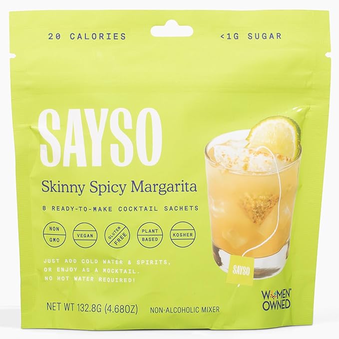 SAYSO Skinny Spicy Margarita Original Cocktail Tea Bag | Cocktail or Mocktail in Under 1 Min, Without Hot Water, <1G Sugar, 20 Calories, Non-GMO, Gluten-free, Kosher & Vegan Mixer, 8 count