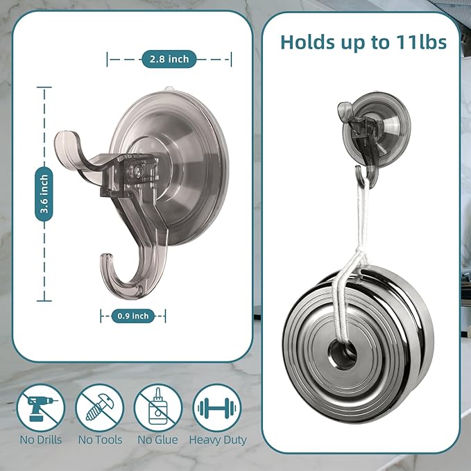 Antimbee Suction Hooks, 5 Pack Clear Hanger, Removable Small Suction Cups for Shower, Bathroom, Glass, Door, Windows, Kitchen - Up to 11 lbs on Smooth Surface - 2 Hooks Design (Transparent Gray)