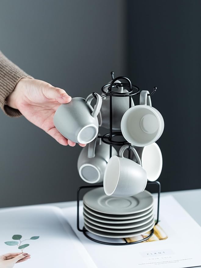 YHOSSEUN Porcelain Espresso Cups Set and Metal Stand 3 OZ Demitasse Cup For Coffee Shot, Mugs for Latte, Cafe Mocha, Cappuccino, and Tea, Serve for 6 Gray