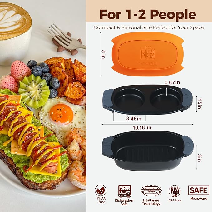 Quick-Heat Microwave Egg Cooker and 33 OZ Microwave Grill Combo | 2-Piece Breakfast Maker Set for Grilling, Frying, Crisping Meat, Bacon, Pancakes & Veggies | Dishwasher Safe & Non-Stick for Kitchen RV, Dorm, Office(Orange)