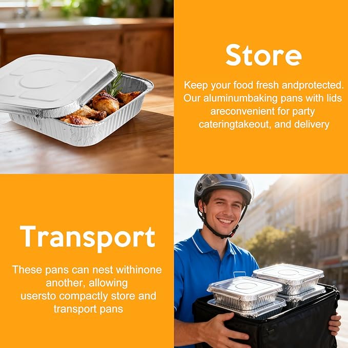 8"x8" Disposable Aluminum Foil Pans with lid - 20 Pack Square Baking Pans Disposable Food Containers with Lids Heavy Duty Tin Foil Pan for Baking Cake, Oven Cooking, Heating, Storing, Meal Prepping