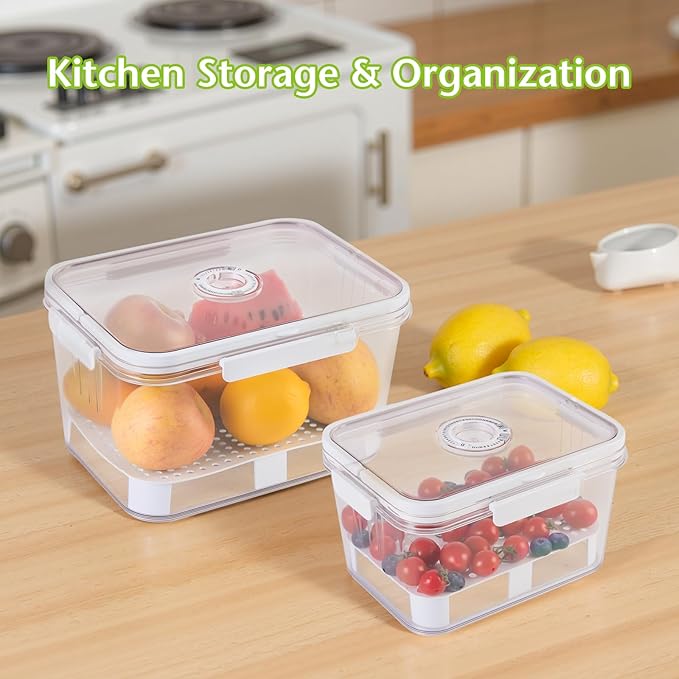 2 PCS Fruit Storage Containers for Fridge with Timer & Strainer, 5.5L+2.3L Bread Box BPA-Free Produce Keepers Leakproof Food Containers with Handle Airtight Lids for Vegetables Fruit Meat Fresh Longer