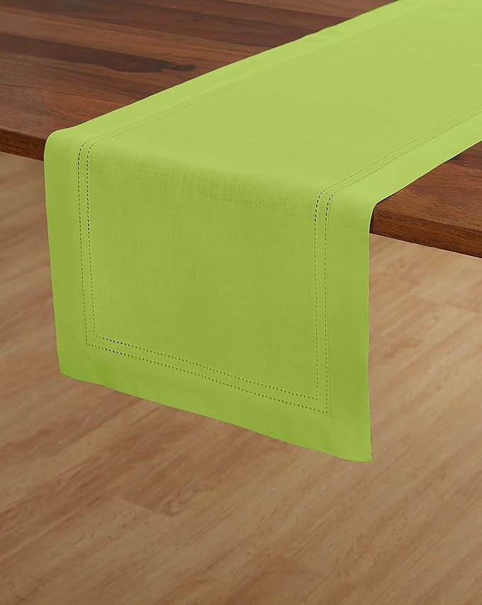 Solino Home Lime Green Table Runner 108 Inches Long - 100% Pure Linen Double Hemstitch 14 x 108 Inch Table Runner for Dining and Summer