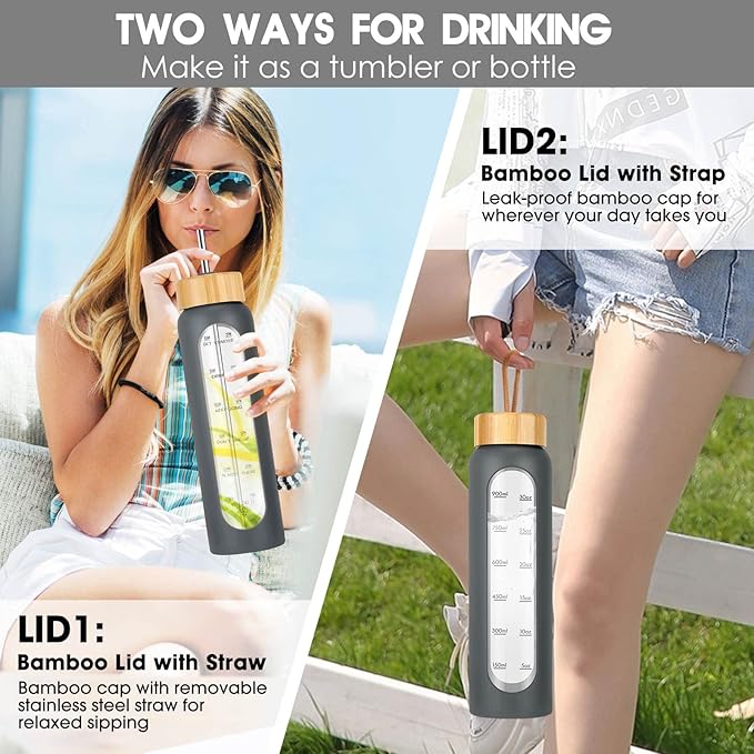 32 oz Glass Water Bottle with Straw - Motivational Time Marker & Silicone Sleeve - Reusable Tumbler Includes 2 Bamboo Lids & Fruit Infuser - 1 Pack