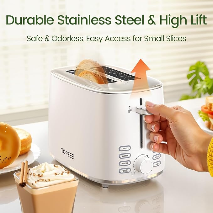 Toaster 2 Slice, Wide Slot for Toasting Bagel Muffin Waffle Gluten Free Breads, 7 Shade Settings, Defrost & Reheat, Stainless Steel, Easy Clean, White