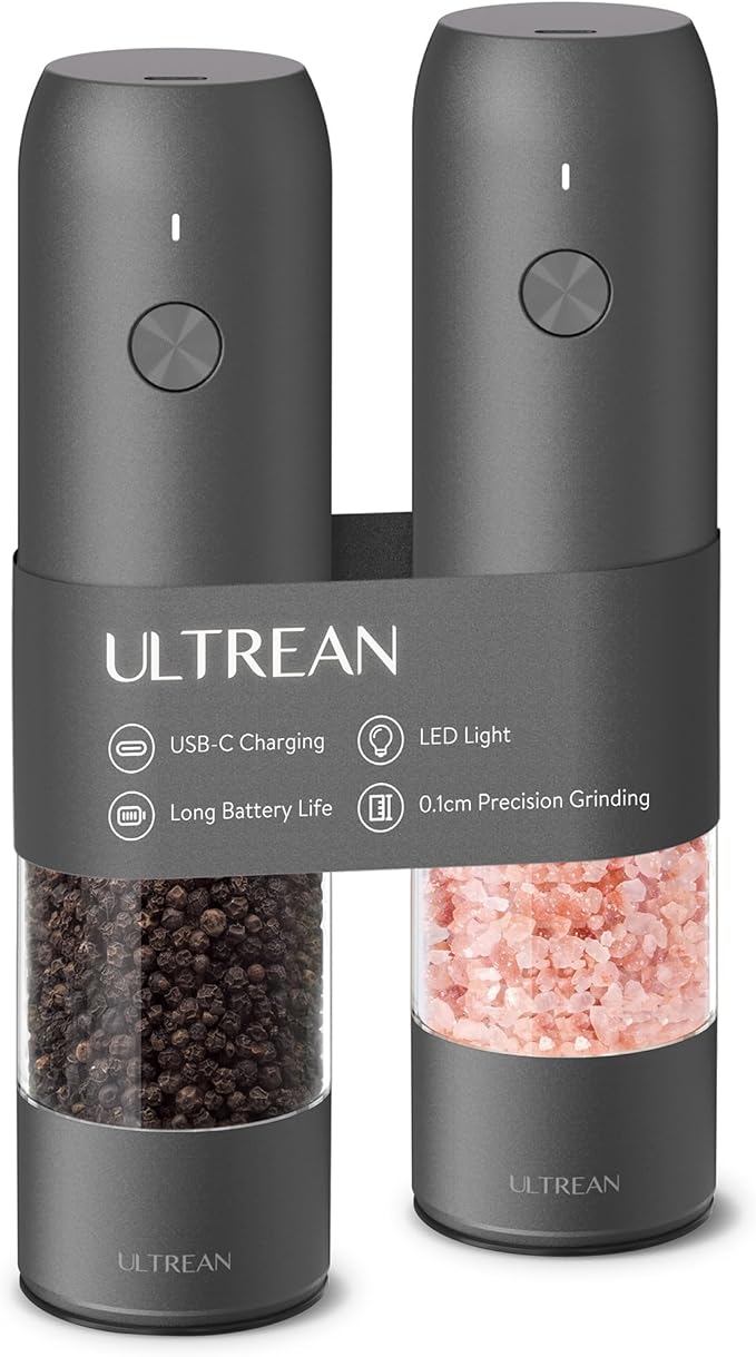 Ultrean Electric Pepper Grinder, Rechargeable Salt and Pepper Grinder with 6 Adjustable Coarseness, LED Light, One-Hand Automatic Operation, Starry Gray