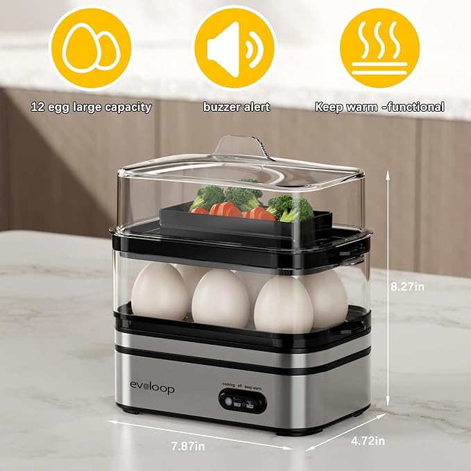 Rapid Egg Cooker Electric 12 Eggs Capacity, Soft, Medium, Hard Boiled, Poached, Omelet Maker Egg Poacher & Vegetable Steamer, BPA Free Tray