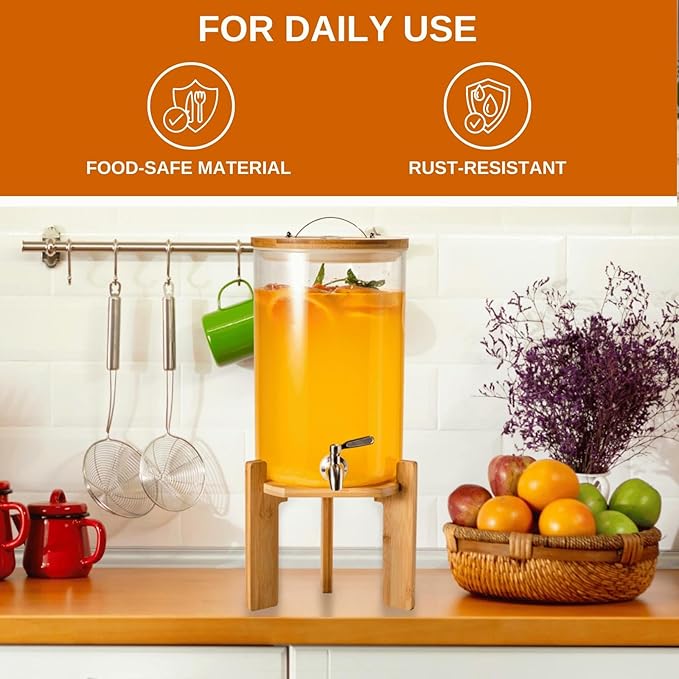 Glass Beverage Dispenser with Bamboo Stand and Lid, Iced 2.1 Gallon Drink Server with Spigot, Large Thick Glass Drink Dispenser for Parties, Hotels, Restaurants, Homes